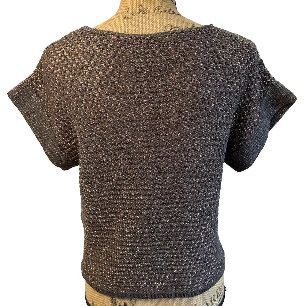 Etcetera Women's Brown w/Pink Metallic Thread Crochet Sweater Vest Sz S/M